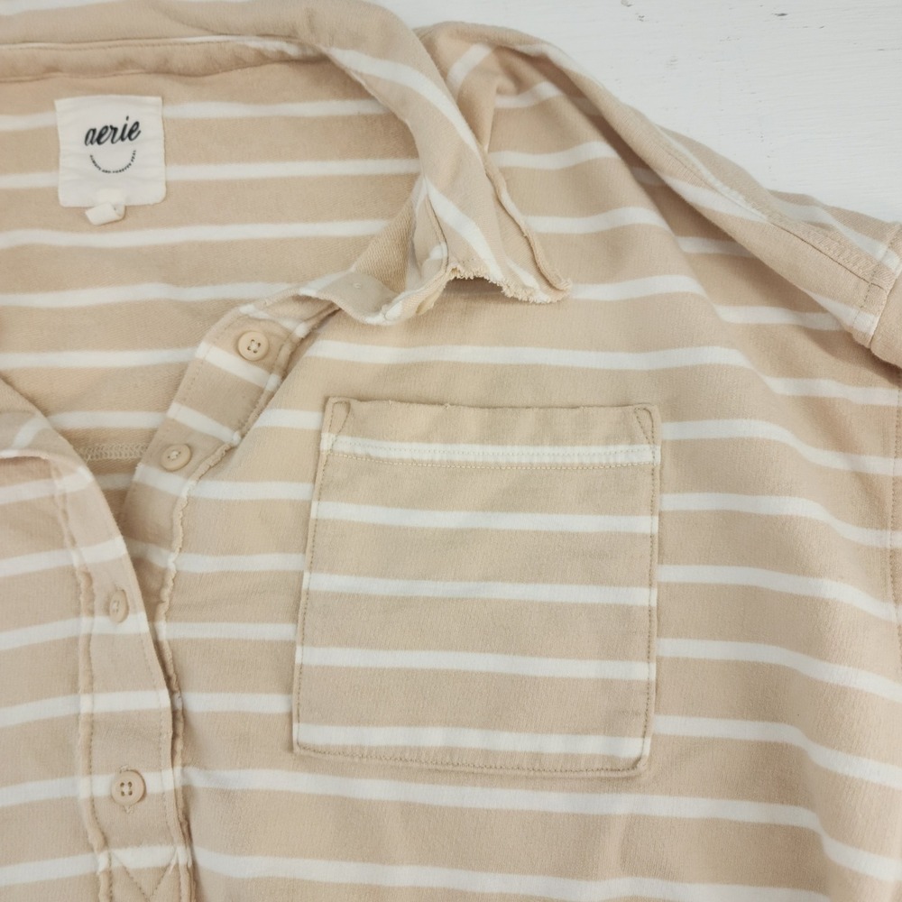 Aerie Large | Tan White Striped Henley Pullover Sweatshirt Coastal Grandma - Picture 2 of 5